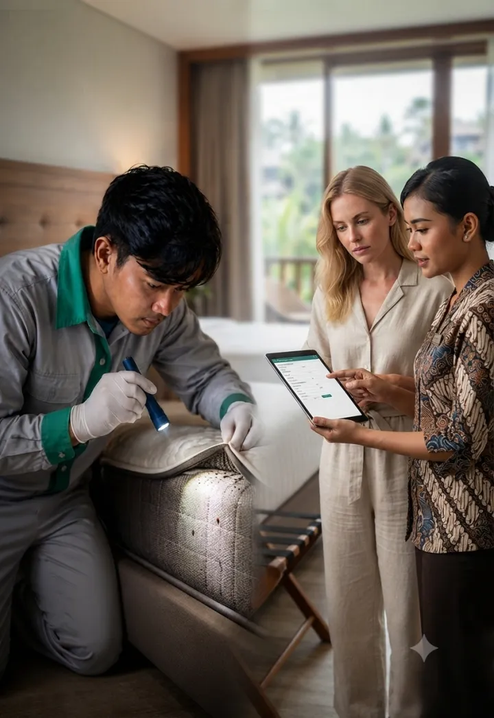 A composite image set within a luxury hotel room. On the left side, a male pest control technician (Asian, wearing a grey uniform with green trim and white gloves) is kneeling, using a flashlight to inspect visible bed bugs in the mattress seam. In the background, a female guest (Caucasian, blonde hair, linen suit) and a female hotel staff member (Indonesian, wearing a batik uniform) are standing, discussing a report on a tablet held by the staff member.
