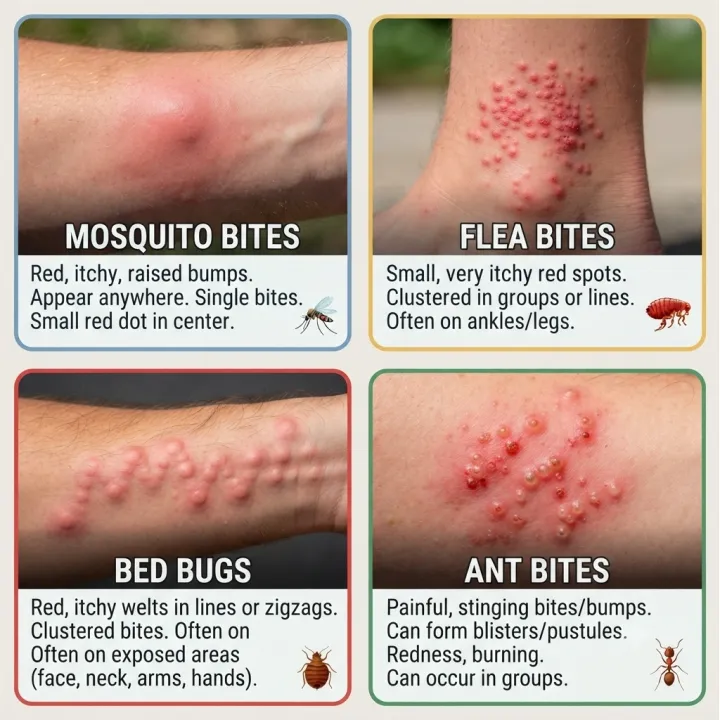 Comparison of mosquito, flea, bed bug, and ant bites to help identify the possible cause of itchy skin