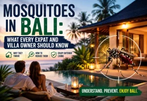 Couple relaxing beside a tropical villa pool in Bali during sunset, illustrating comfortable outdoor living in a mosquito-managed environment.