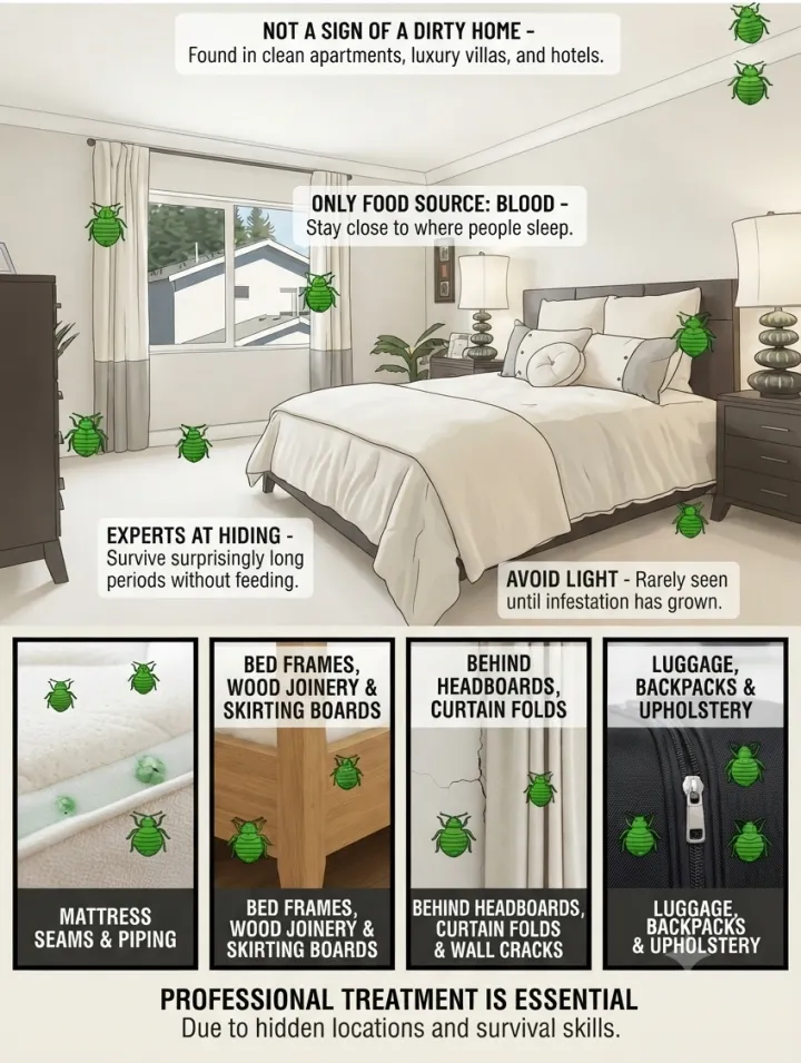 Why Bed Bugs Are So Difficult to Get Rid Of' explaining why bed bugs are hard to eliminate. The main image shows a hotel bedroom with green bug icons marking common hiding spots. The text explains that bed bugs are not a sign of a dirty home, they feed on blood, are expert hiders, and avoid light. Bottom panels show detailed hiding locations such as mattress seams, bed frames, curtain folds, and luggage. The infographic concludes that professional treatment is essential.