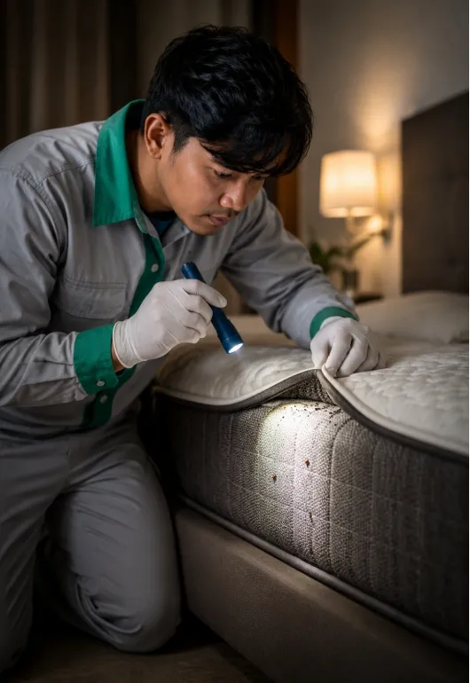 Professional technician inspecting a mattress for bed bugs before bed bug treatment in Bali