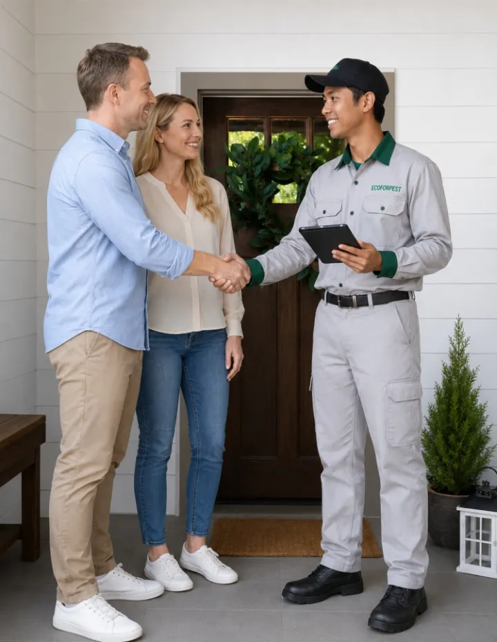 A professional ECOFORPEST technician in uniform and holding a tablet, shaking hands with a male and female homeowner at their welcoming front door, indicating a consultation for bed bug treatment services.