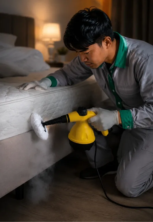 Professional bed bug steam treatment on a mattress in Bali