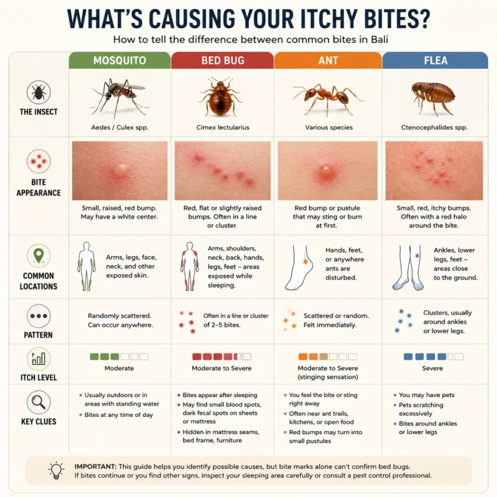 Infographic comparing the appearance of bed bug, mosquito, ant, and flea bites to help identify the possible cause of itchy bites.