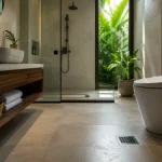 Modern tropical bathroom with a floor drain and shower, illustrating a clean environment where cockroaches may occasionally appear due to moisture and hidden entry points.