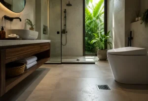 Modern tropical bathroom with a floor drain and shower, illustrating a clean environment where cockroaches may occasionally appear due to moisture and hidden entry points.