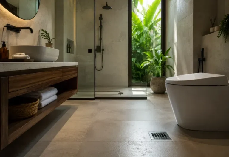 Modern tropical bathroom with a floor drain and shower, illustrating a clean environment where cockroaches may occasionally appear due to moisture and hidden entry points.