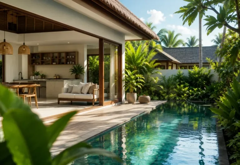 Modern tropical villa in Bali with an open living area and lush garden, illustrating the natural environment where occasional cockroach activity can occur even in well-maintained properties.