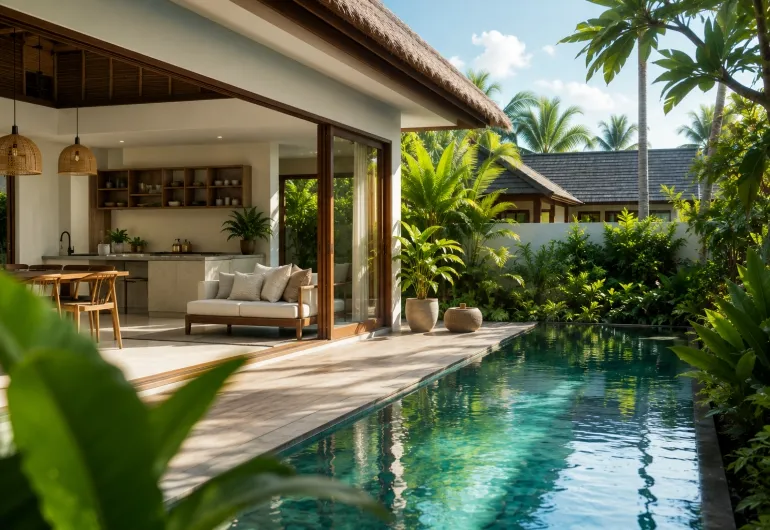 Modern tropical villa in Bali with an open living area and lush garden, illustrating the natural environment where occasional cockroach activity can occur even in well-maintained properties.