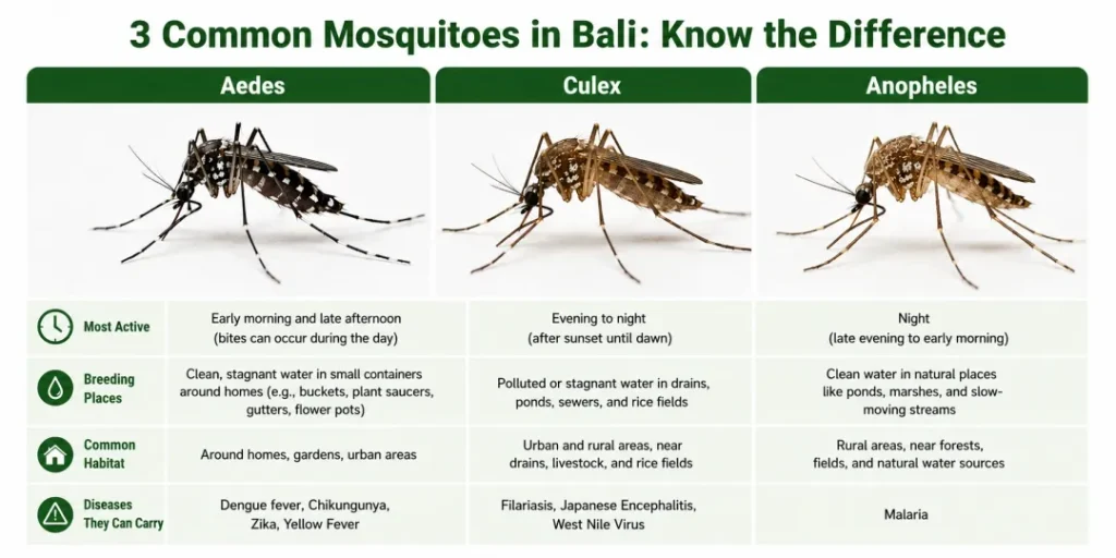 Comparison infographic showing Aedes, Culex, and Anopheles mosquitoes commonly found in Bali, including their activity times, breeding habitats, and associated disease risks.