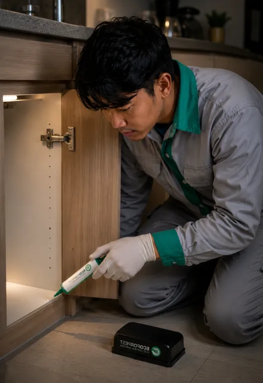 EcoforPest technician applying cockroach gel bait inside a kitchen cabinet as part of a professional cockroach treatment in Bali.