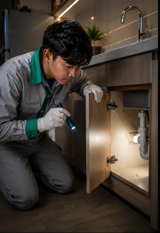EcoforPest technician inspecting the inside of a kitchen cabinet with a flashlight during a professional cockroach inspection in Bali.
