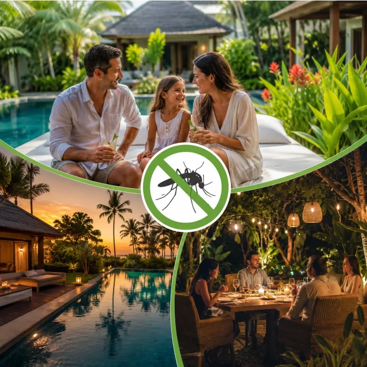Family enjoying a mosquito-free outdoor living space at a tropical villa in Bali, including a swimming pool, garden, and open-air dining area.