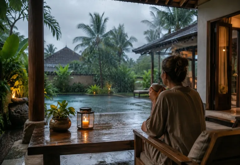 Woman relaxing on the covered terrace of a tropical Bali villa while watching heavy rain during the rainy season, surrounded by lush gardens and a swimming pool.