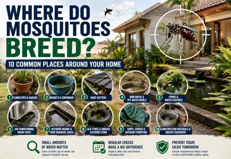 Illustration showing common mosquito breeding sites around a tropical home, including flower pots, gutters, standing water, ponds, and outdoor containers.