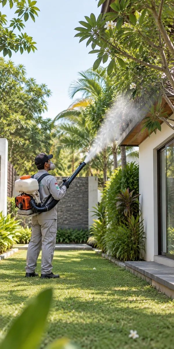 General pest control treatment in a Bali villa garden