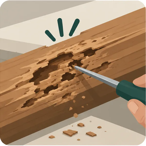 Hollow and damaged wood caused by termite activity