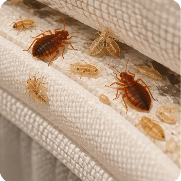 Bed bugs, nymphs and shed skins hidden in a mattress seam