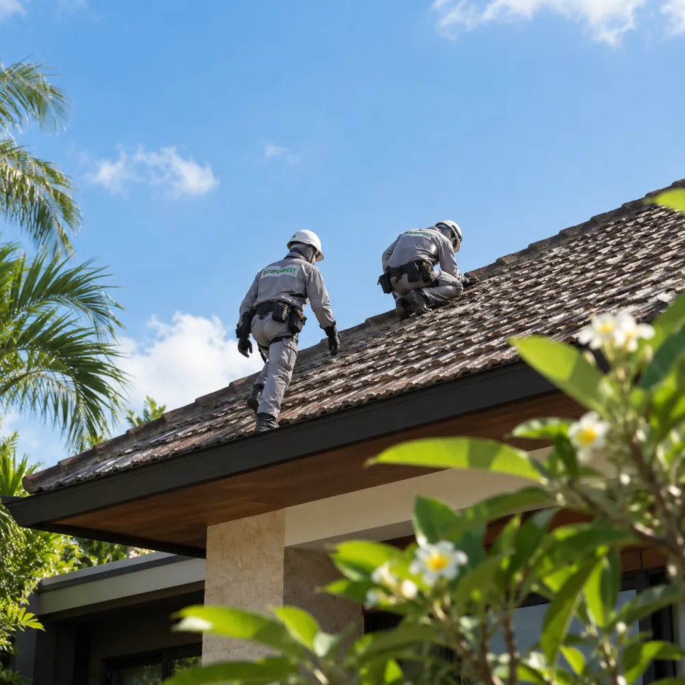 Professional wasp nest inspection on a Bali villa roof